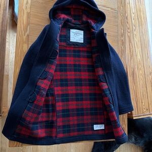 Abercrombie & Fitch Navy Coat with Red Plaid Interior
